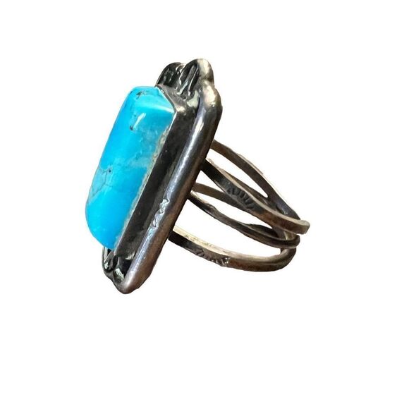 Vintage Southwestern Solid Silver Large Kingman Turquoise Totem Ring Size 5.5 - Picture 7 of 14